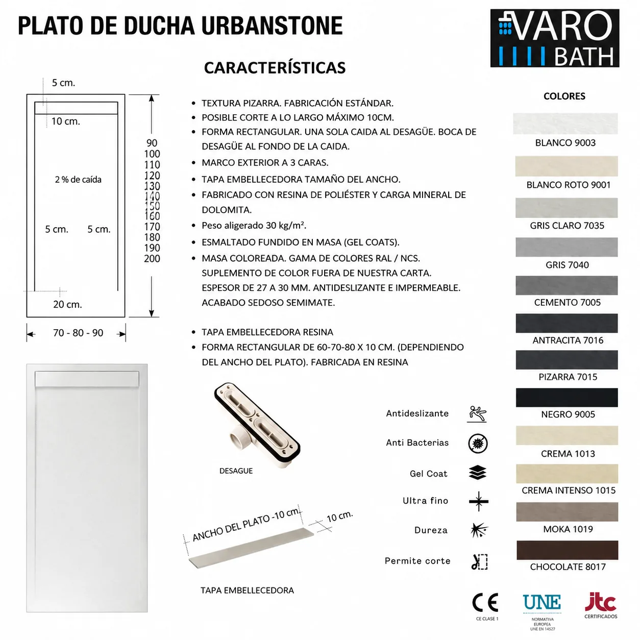 Piatto doccia in resina con cornice URBANSTONE Bianco Panna RAL 9001, texture ardesia, antibatterico e antiscivolo. Colori a scelta. Griglia nascosta - immagine 5